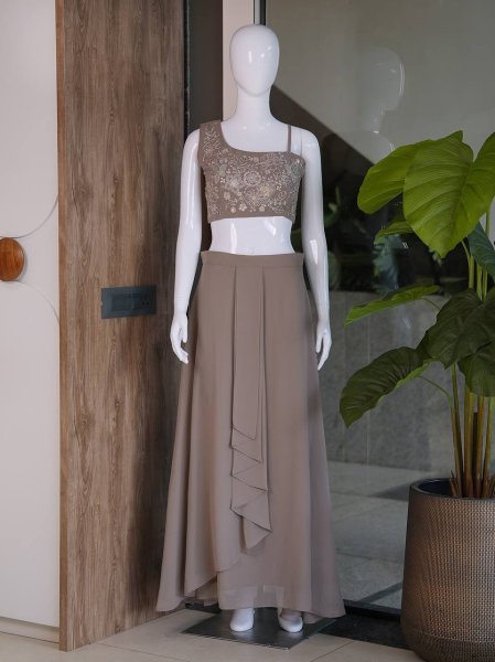 Opulent Brown Fox Georgette Fusion Palazzo Set at Manufacturer Rate Ready To Wear Collection