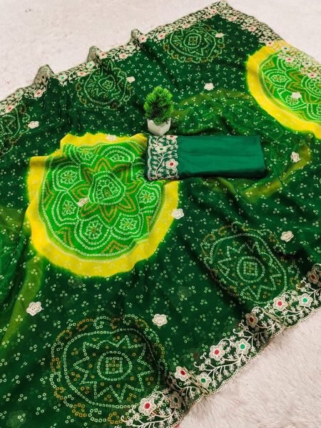 Opulent Green Designer Georgette Saree with Multi Thread Embroidered C Pallu For Wholesale Rate Bandhej Sarees Wholesale