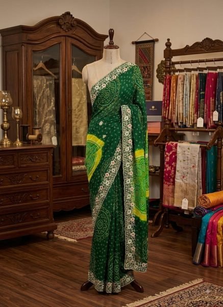 Opulent Green Designer Georgette Saree with Multi Thread Embroidered C Pallu For Wholesale Rate Bandhej Sarees Wholesale