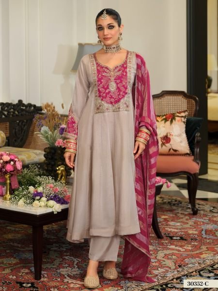 Opulent Grey Pink Pure Viscose Kanjivaram Top with Matching Dupatta and Silk Pant Salwar Kameez