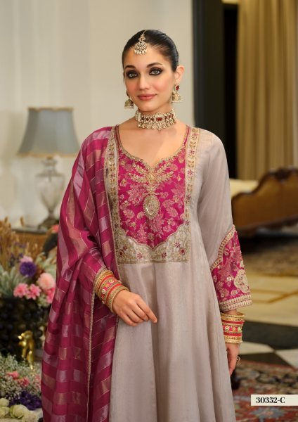 Opulent Grey Pink Pure Viscose Kanjivaram Top with Matching Dupatta and Silk Pant Embroidery Suits Wholesale