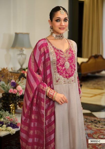 Opulent Grey Pink Pure Viscose Kanjivaram Top with Matching Dupatta and Silk Pant Embroidery Suits Wholesale