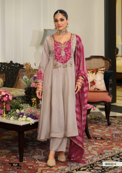 Opulent Grey Pink Pure Viscose Kanjivaram Top with Matching Dupatta and Silk Pant Embroidery Suits Wholesale