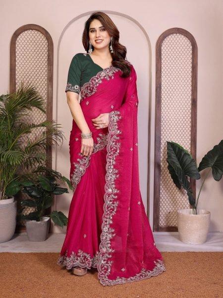 Opulent Hot Pink Chiffon Silk Party Wear Saree with Embroidered Banglory Silk Blouse Sarees 