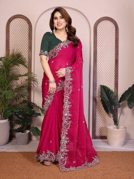Opulent Hot Pink Chiffon Silk Party Wear Saree with Embroidered Banglory Silk Blouse Silk Sarees Wholesale