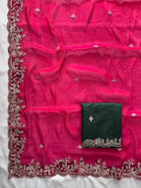 Opulent Hot Pink Chiffon Silk Party Wear Saree with Embroidered Banglory Silk Blouse Silk Sarees Wholesale