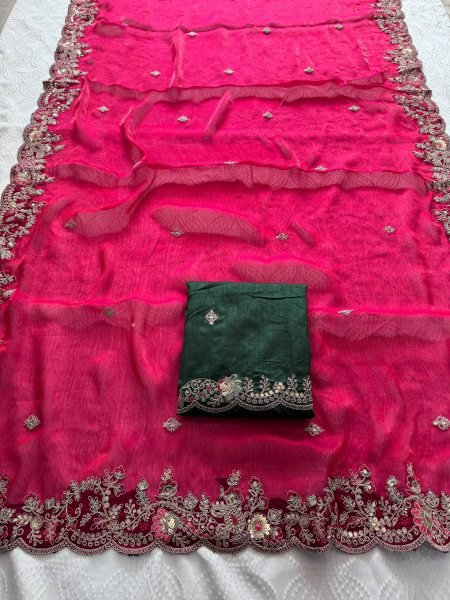 Opulent Hot Pink Chiffon Silk Party Wear Saree with Embroidered Banglory Silk Blouse Silk Sarees Wholesale