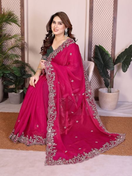 Opulent Hot Pink Chiffon Silk Party Wear Saree with Embroidered Banglory Silk Blouse Silk Sarees Wholesale