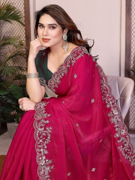 Opulent Hot Pink Chiffon Silk Party Wear Saree with Embroidered Banglory Silk Blouse Silk Sarees Wholesale