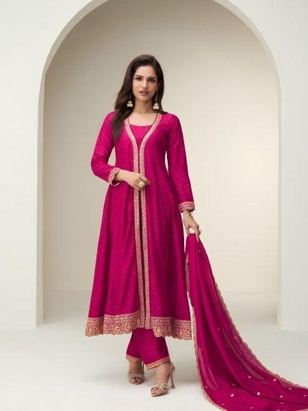 Opulent Hot Pink Premium Silk Kurti Palazzo Set with Embroidered Dupatta For Wedding 