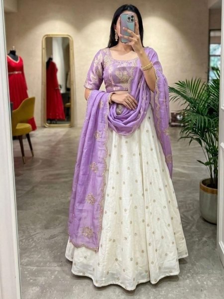 Opulent Lavender Chinnon Silk Lehenga Set with 6 Meter Flare and Embroidered Dupatta  Lehenga