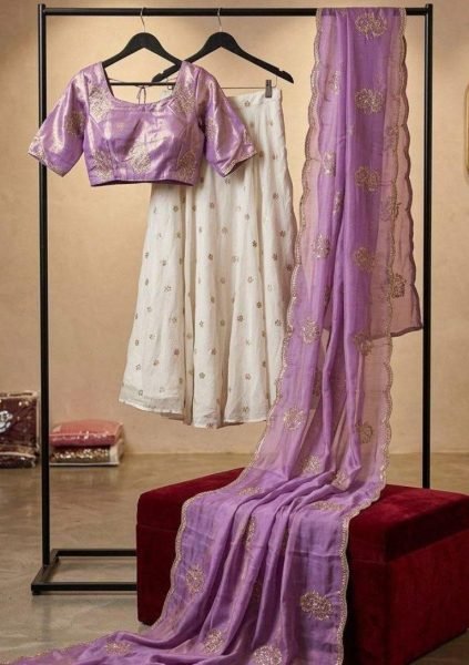 Opulent Lavender Chinnon Silk Lehenga Set with 6 Meter Flare and Embroidered Dupatta Designer Lehenga Choli