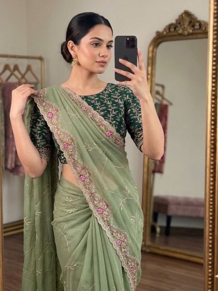 Opulent Light Green Georgette Designer Saree with Multi-Colored Thread Work Sarees 