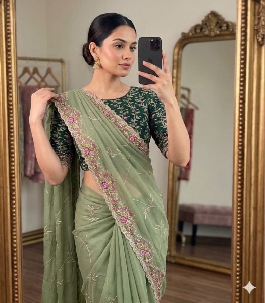 Opulent Light Green Georgette Designer Saree with Multi-Colored Thread Work Embroidery Sarees Wholesale