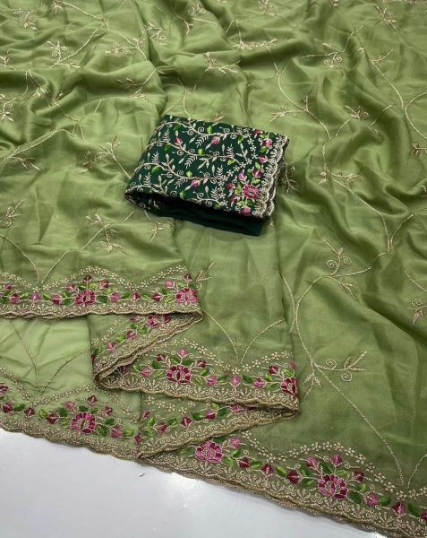 Opulent Light Green Georgette Designer Saree with Multi-Colored Thread Work Embroidery Sarees Wholesale