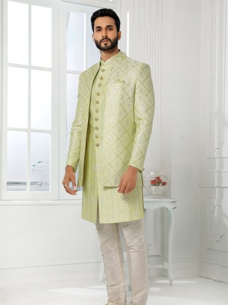 Opulent Light Pista Indo Western Jacket Set for Men for Reception and Party Wear Mens Wear