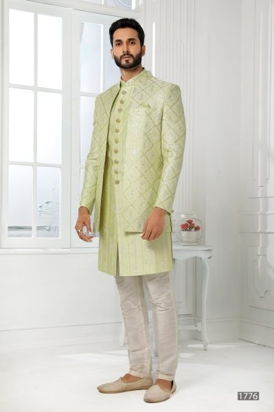 Opulent Light Pista Indo Western Jacket Set for Men for Reception and Party Wear Kurta Pajama Wholesale