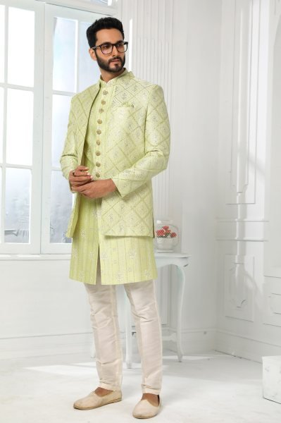 Opulent Light Pista Indo Western Jacket Set for Men for Reception and Party Wear Kurta Pajama Wholesale