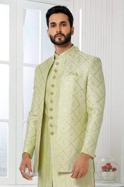 Opulent Light Pista Indo Western Jacket Set for Men for Reception and Party Wear Kurta Pajama Wholesale