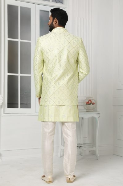 Opulent Light Pista Indo Western Jacket Set for Men for Reception and Party Wear Kurta Pajama Wholesale