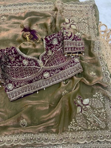 Opulent Mahendi Green Space Satin Saree with Thread Sequins Embroidery For Wedding Embroidery Sarees Wholesale