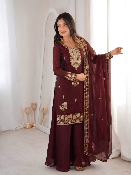 Opulent Maroon Fandy Silk Top Palazzo Dupatta Set with Embroidery at Manufacturer  Ready To Wear Suit