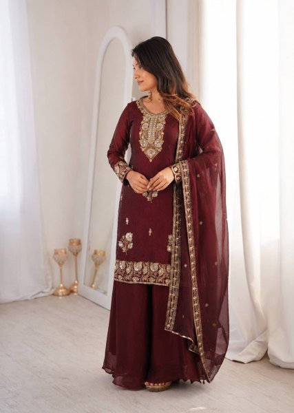 Opulent Maroon Fandy Silk Top Palazzo Dupatta Set with Embroidery at Manufacturer  Ready To Wear Collection