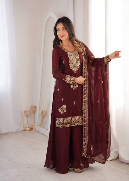 Opulent Maroon Fandy Silk Top Palazzo Dupatta Set with Embroidery at Manufacturer  Ready To Wear Collection