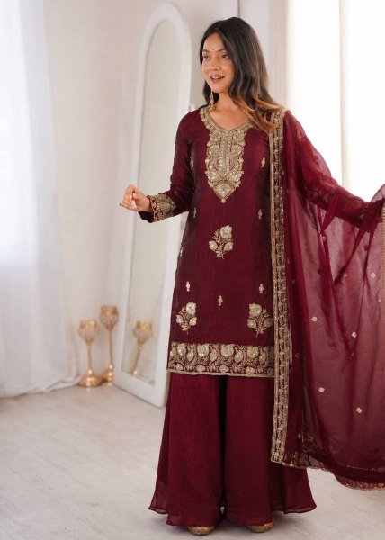 Opulent Maroon Fandy Silk Top Palazzo Dupatta Set with Embroidery at Manufacturer  Ready To Wear Collection