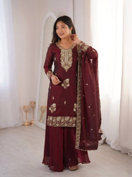 Opulent Maroon Fandy Silk Top Palazzo Dupatta Set with Embroidery at Manufacturer  Ready To Wear Collection