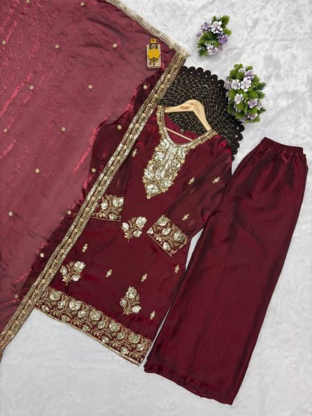 Opulent Maroon Fandy Silk Top Palazzo Dupatta Set with Embroidery at Manufacturer  Ready To Wear Collection