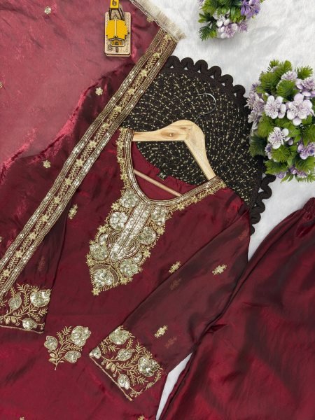 Opulent Maroon Fandy Silk Top Palazzo Dupatta Set with Embroidery at Manufacturer  Ready To Wear Collection