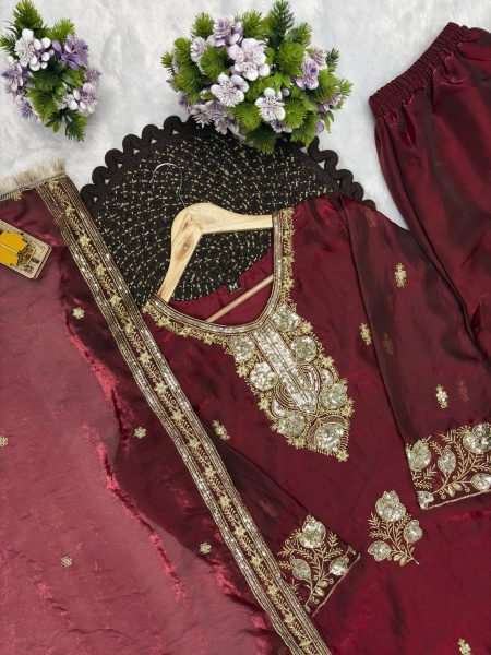 Opulent Maroon Fandy Silk Top Palazzo Dupatta Set with Embroidery at Manufacturer  Ready To Wear Collection