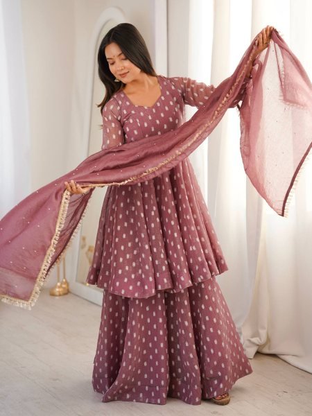 Opulent Mauve Crunchy Silk Sharara Suit Set with Jacquard Butti Work Ready To Wear Suit