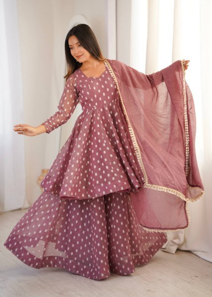 Opulent Mauve Crunchy Silk Sharara Suit Set with Jacquard Butti Work Ready To Wear Collection