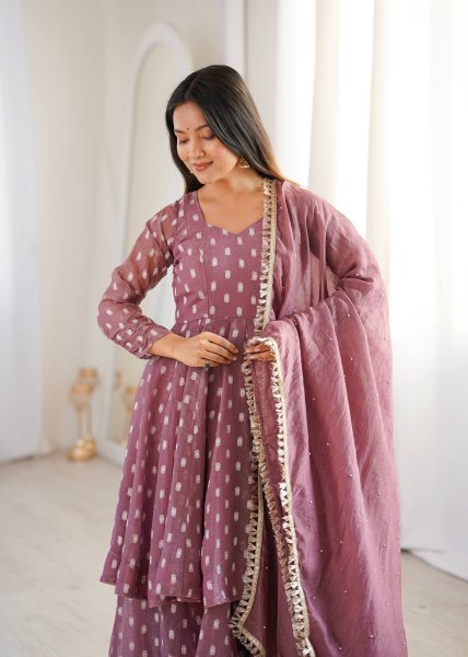 Opulent Mauve Crunchy Silk Sharara Suit Set with Jacquard Butti Work Ready To Wear Collection