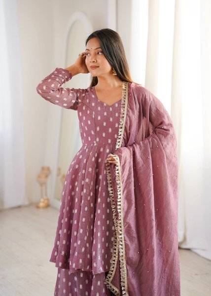 Opulent Mauve Crunchy Silk Sharara Suit Set with Jacquard Butti Work Ready To Wear Collection