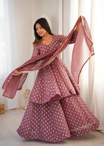 Opulent Mauve Crunchy Silk Sharara Suit Set with Jacquard Butti Work Ready To Wear Collection