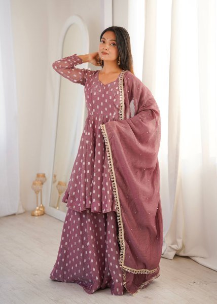 Opulent Mauve Crunchy Silk Sharara Suit Set with Jacquard Butti Work Ready To Wear Collection