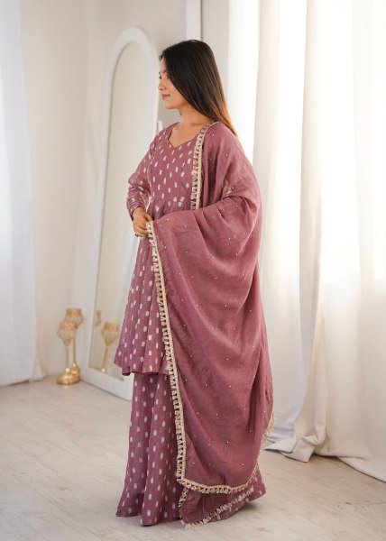 Opulent Mauve Crunchy Silk Sharara Suit Set with Jacquard Butti Work Ready To Wear Collection