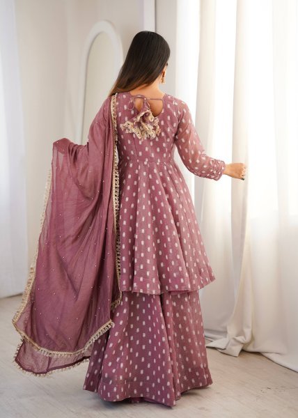 Opulent Mauve Crunchy Silk Sharara Suit Set with Jacquard Butti Work Ready To Wear Collection