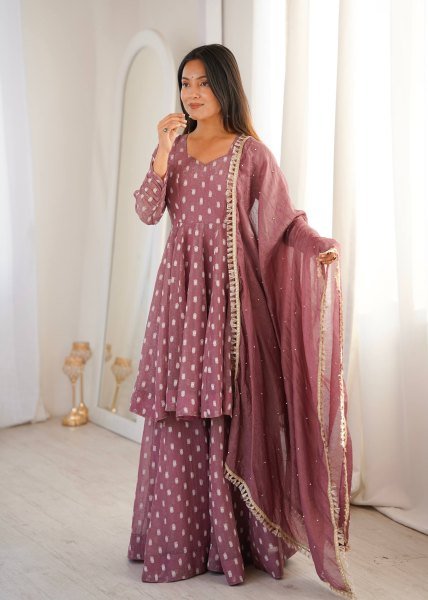Opulent Mauve Crunchy Silk Sharara Suit Set with Jacquard Butti Work Ready To Wear Collection