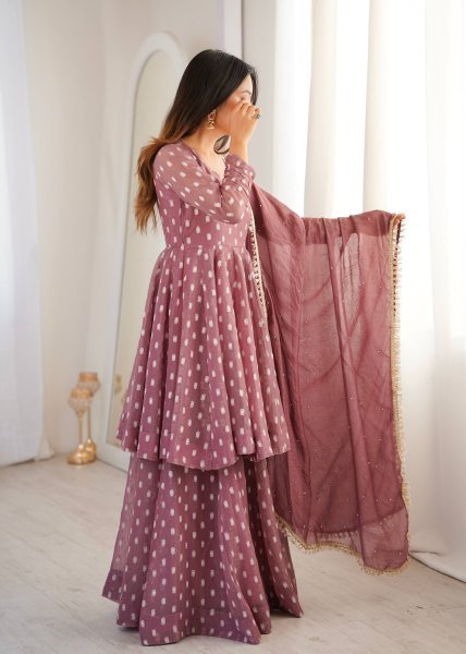 Opulent Mauve Crunchy Silk Sharara Suit Set with Jacquard Butti Work Ready To Wear Collection