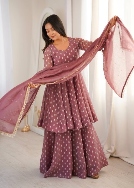 Opulent Mauve Crunchy Silk Sharara Suit Set with Jacquard Butti Work Ready To Wear Collection