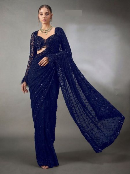 Opulent Navy Blue Bollywood Faux Georgette Saree with Sequins for Party Wear Sarees 