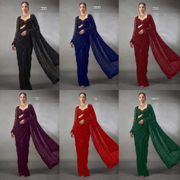 Opulent Navy Blue Bollywood Faux Georgette Saree with Sequins for Party Wear Bollywood Fancy Sarees Wholesale