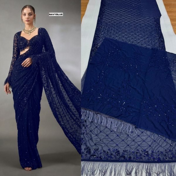 Opulent Navy Blue Bollywood Faux Georgette Saree with Sequins for Party Wear Bollywood Fancy Sarees Wholesale