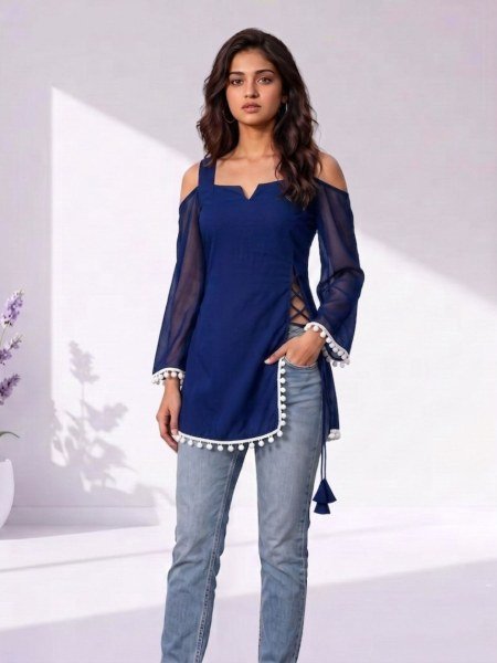 Opulent Navy Blue Women's Off Shoulder Georgette Kurti with Trendy Side Rope Tassel Design 