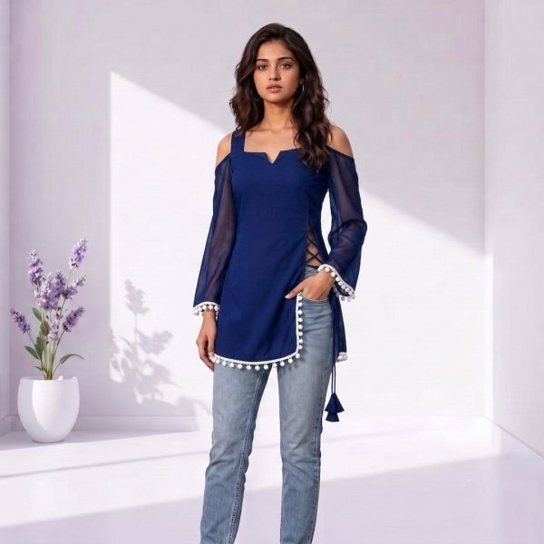 Opulent Navy Blue Women's Off Shoulder Georgette Kurti with Trendy Side Rope Tassel Design Full Set Kurti