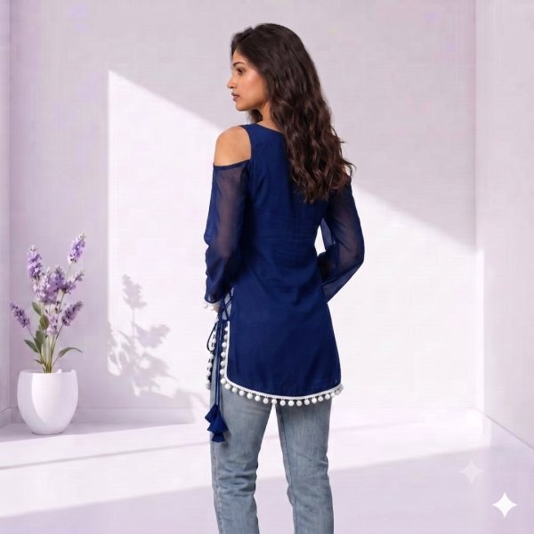 Opulent Navy Blue Women's Off Shoulder Georgette Kurti with Trendy Side Rope Tassel Design Full Set Kurti